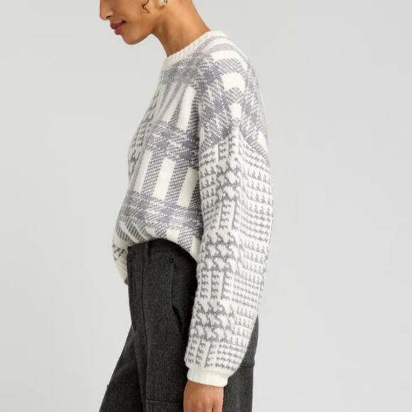 Splendid White Gray Herringbone Sweater SMALL Boxy Oversized Plaid Preppy $178 - Picture 2 of 13
